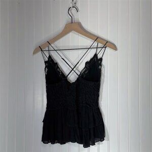 FP One Free People M Black Crochet Lace Cami Tank Top Ruffle Festival Boho